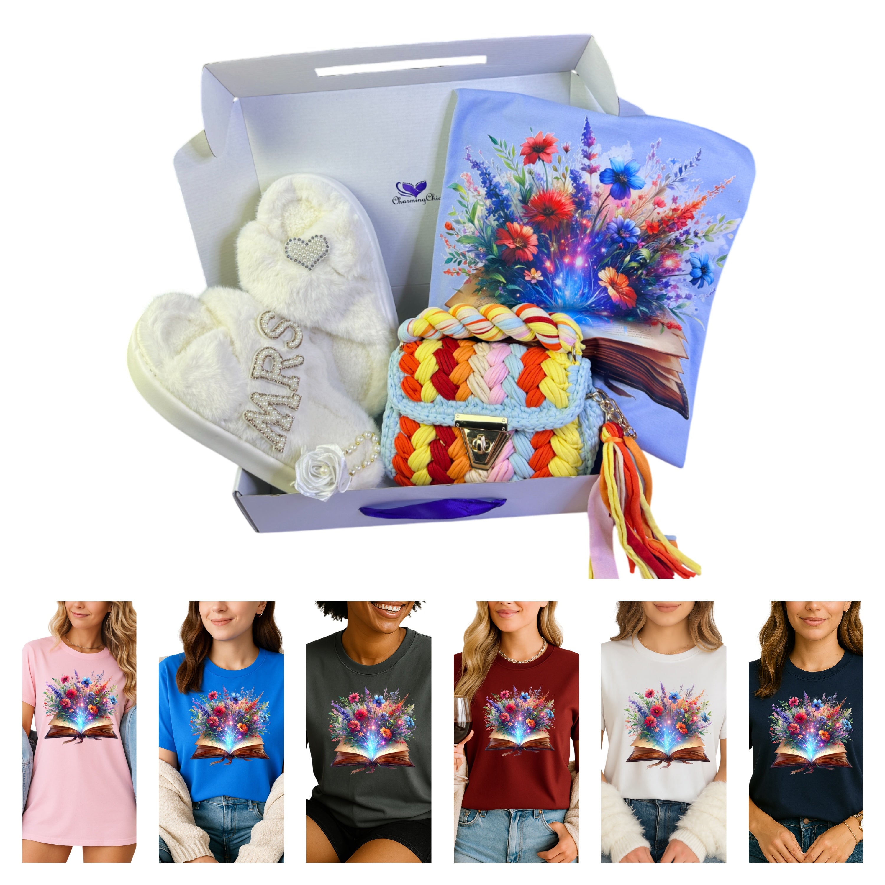 Gift set with slippers, colorful yarn, and floral-themed t-shirts in a box.