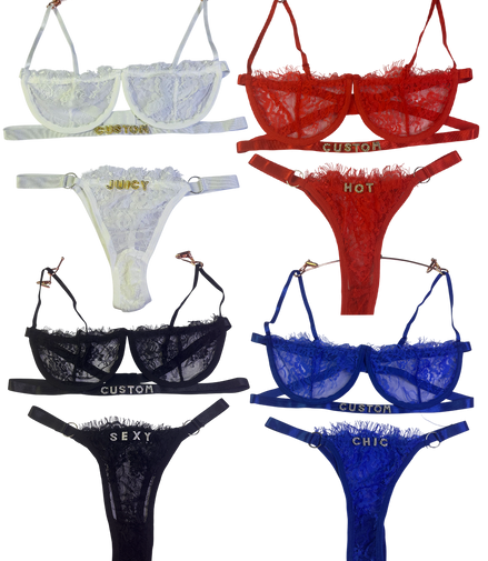 Collection of lace lingerie in various colors with text on a white background