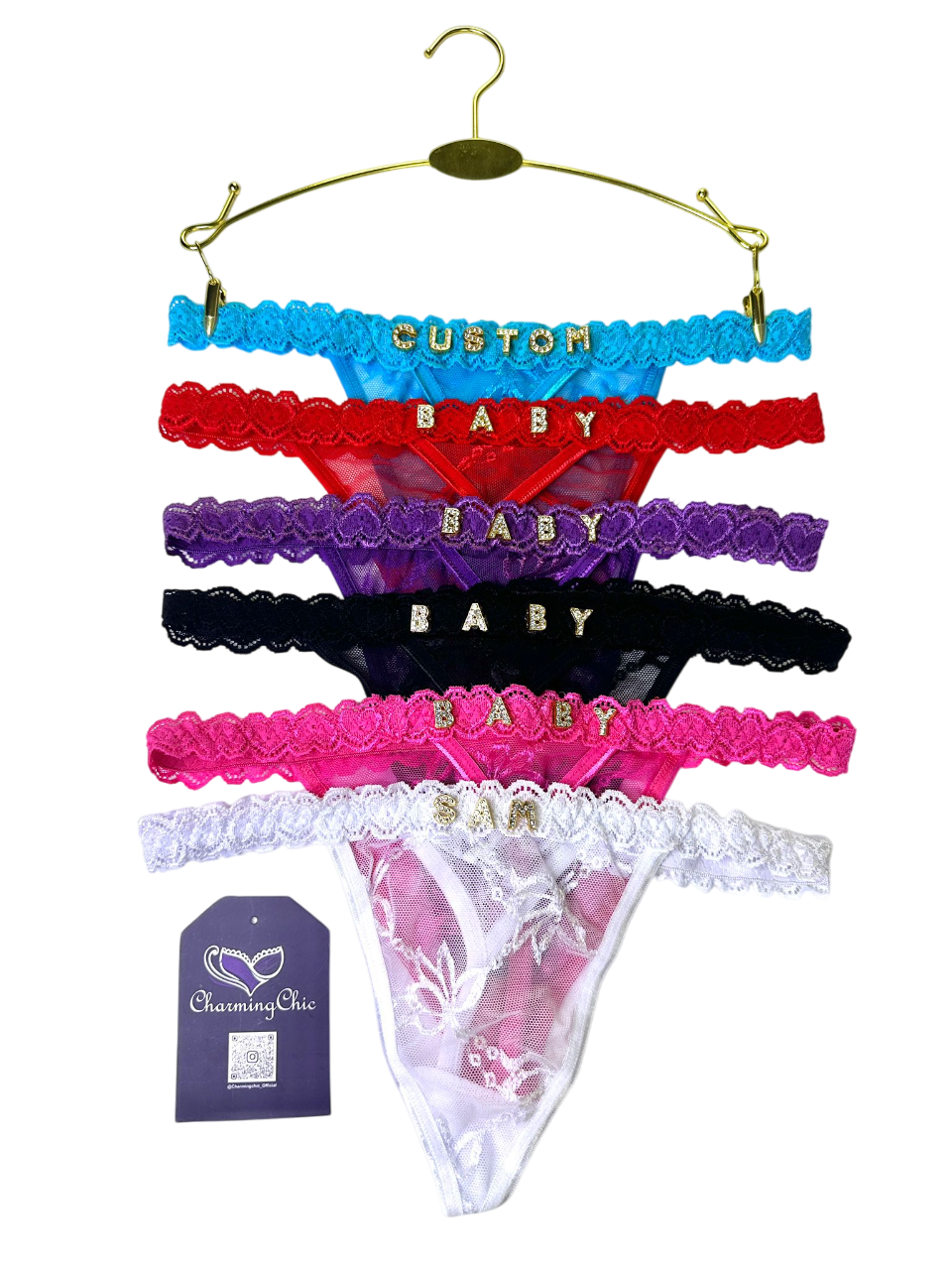 Custom Name Floral Lace Thong with personalized lettering on delicate floral lace waistband – unique custom lingerie gift.