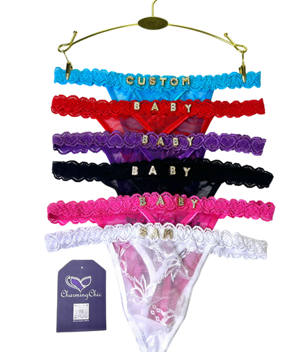 Custom Name Floral Lace Thong with personalized lettering on delicate floral lace waistband – unique custom lingerie gift.