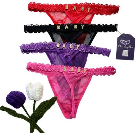 Four pairs of baby briefs in red, black, purple, and pink with 'BABY' lettering on a white background.