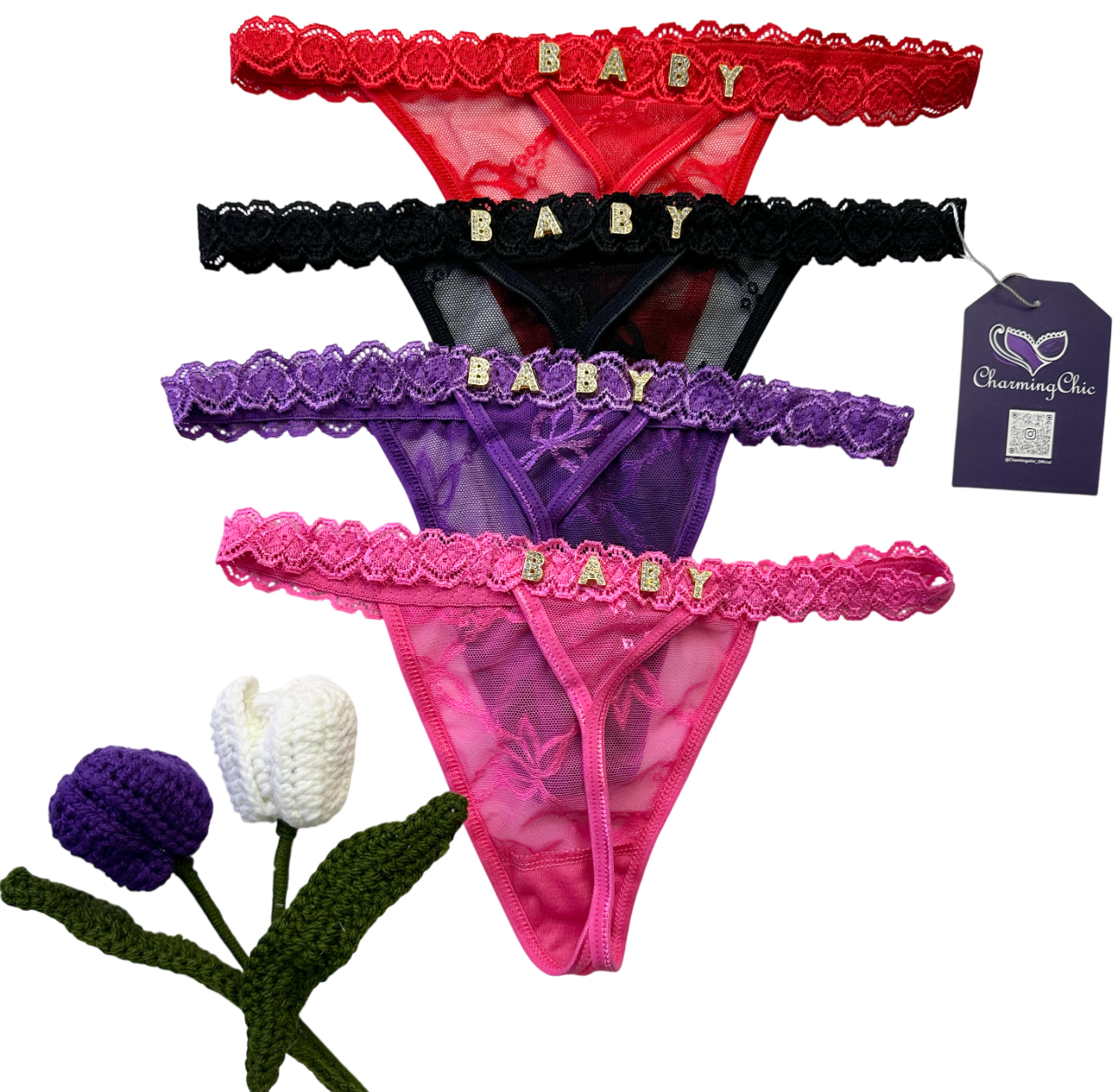 Four pairs of baby briefs in red, black, purple, and pink with 'BABY' lettering on a white background.