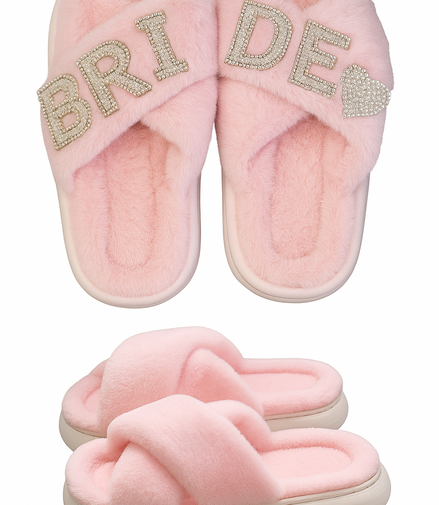 Pink slippers with 'Bride' text on a white background
