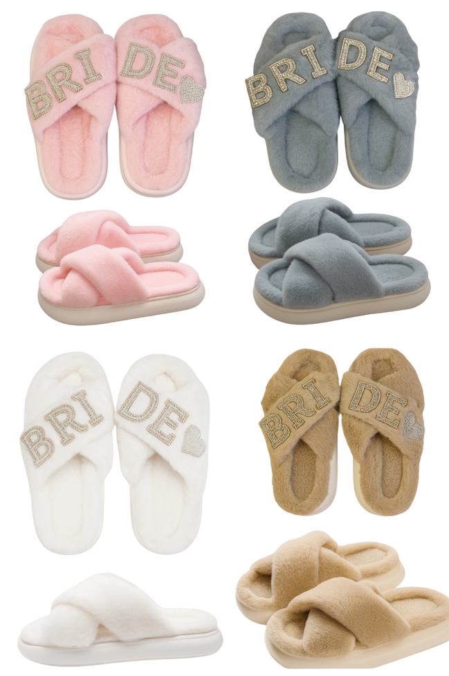 Set of slippers with 'Bride' text in various colors on a white background