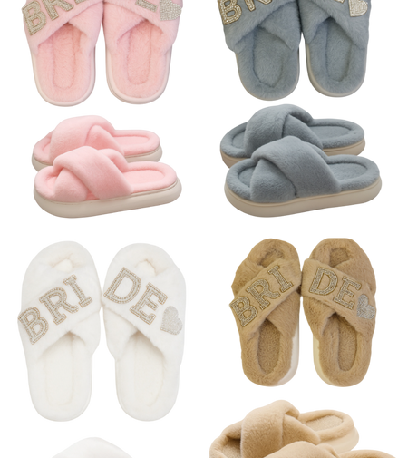 Set of slippers with 'Bride' text in various colors on a white background