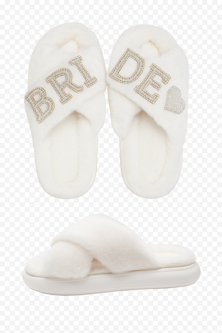 White slippers with 'Bride' and heart decorations on a white background