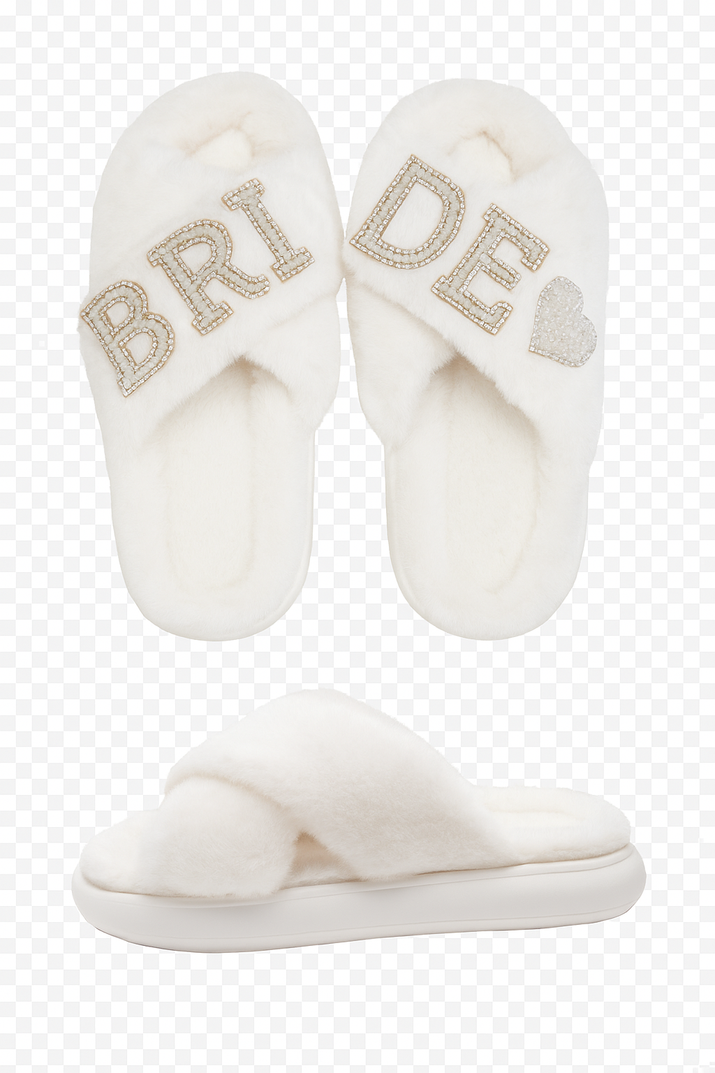 White slippers with 'Bride' and heart decorations on a white background