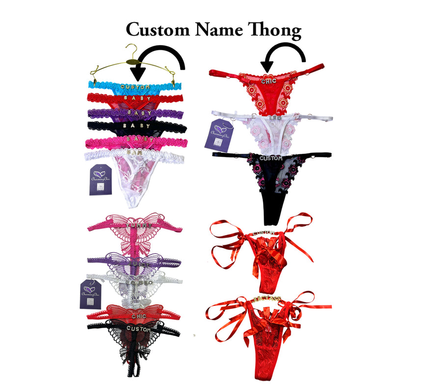 Collection of custom name thongs displayed on hangers with visible branding.